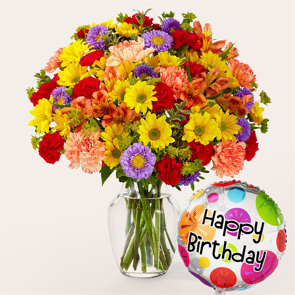 Kaleidoscope Bouquet with Birthday Balloon – BUDS CUT FLOWERS & MORE, Taos NM
