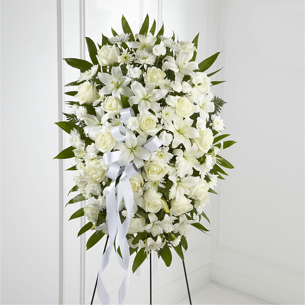 Exquisite Tribute Standing Spray-White Ribbon – BUDS CUT FLOWERS & MORE, Taos NM