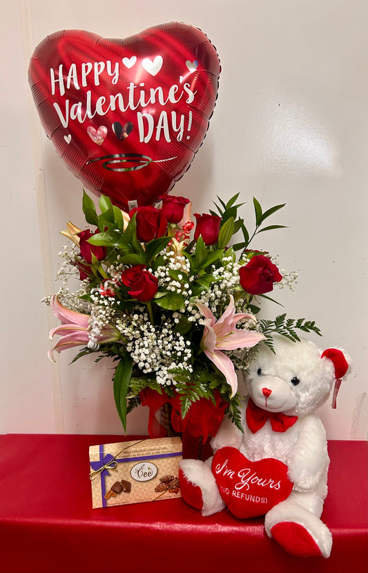 Be my Valentine with Balloon Plush Bear and Chocolate
