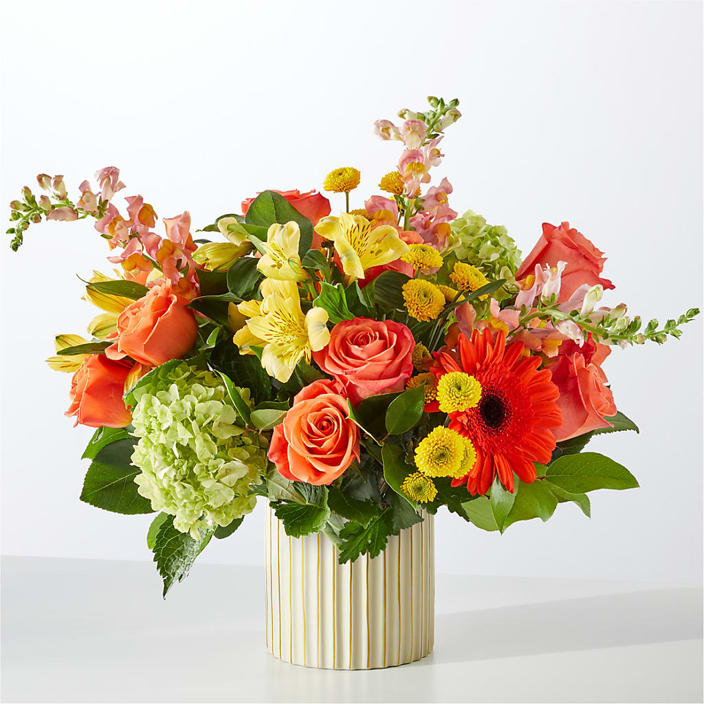 Autumn Sunshine Bouquet with Ivory Vase – BUDS CUT FLOWERS & MORE, Taos NM