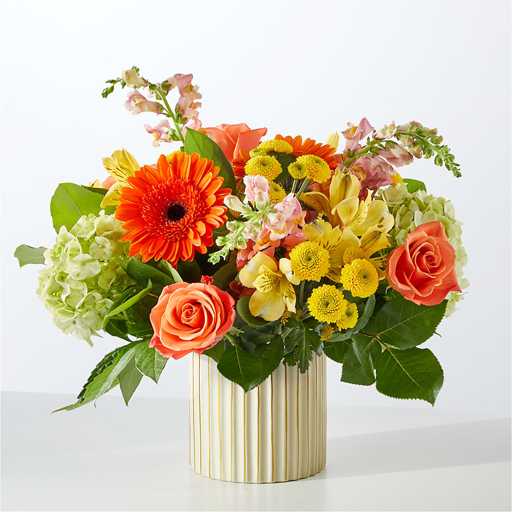 Autumn Sunshine Bouquet with Ivory Vase – BUDS CUT FLOWERS & MORE, Taos NM